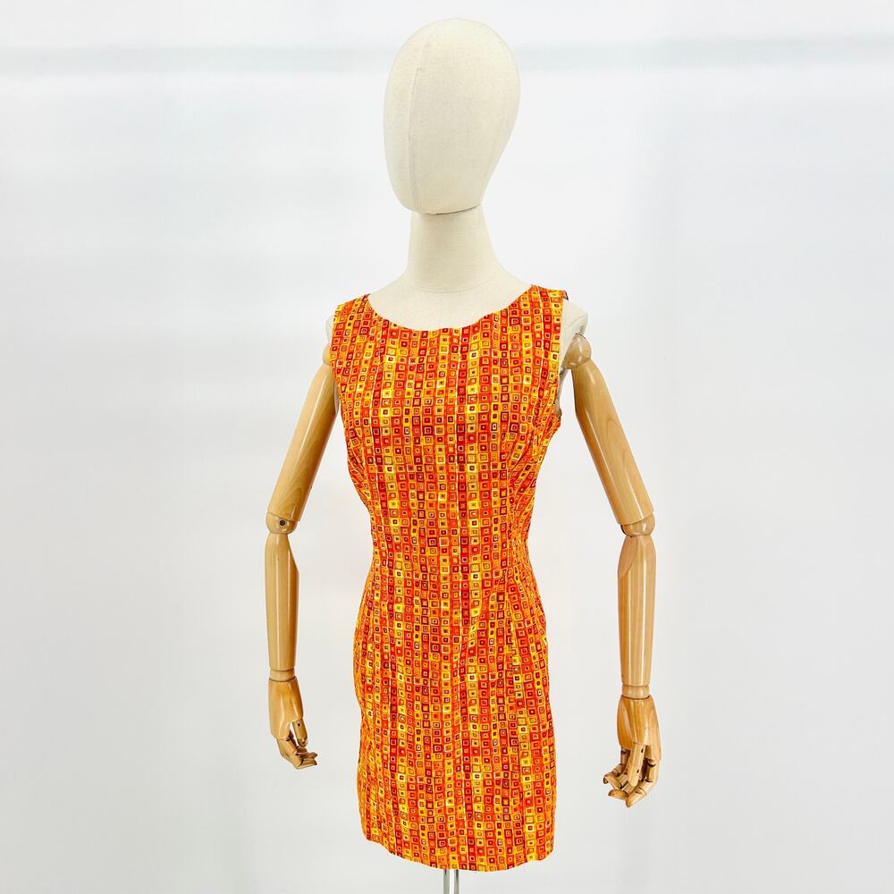 Vintage 90s Handmade Orange Geometric Print Sleeveless Mod Retro Dress